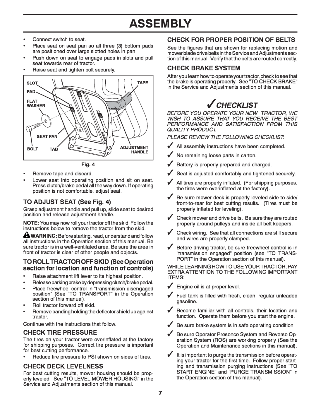 Poulan 96042007202, 435712 Assembly, TO ADJUST SEAT See Fig, Check Tire Pressure, Check Deck Levelness, Check Brake System 