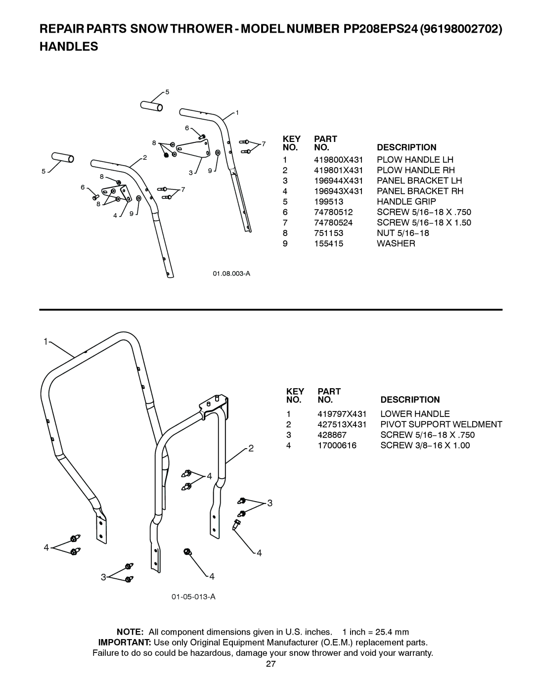 Poulan 96198002702, 435999 196944X431 Panel Bracket LH 196943X431 Panel Bracket RH, Handle Grip, Washer, Lower Handle 