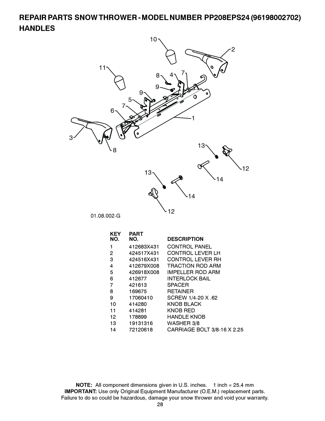 Poulan 435999, 96198002702 owner manual Spacer, Retainer, Knob RED, Handle Knob, Washer 3/8 