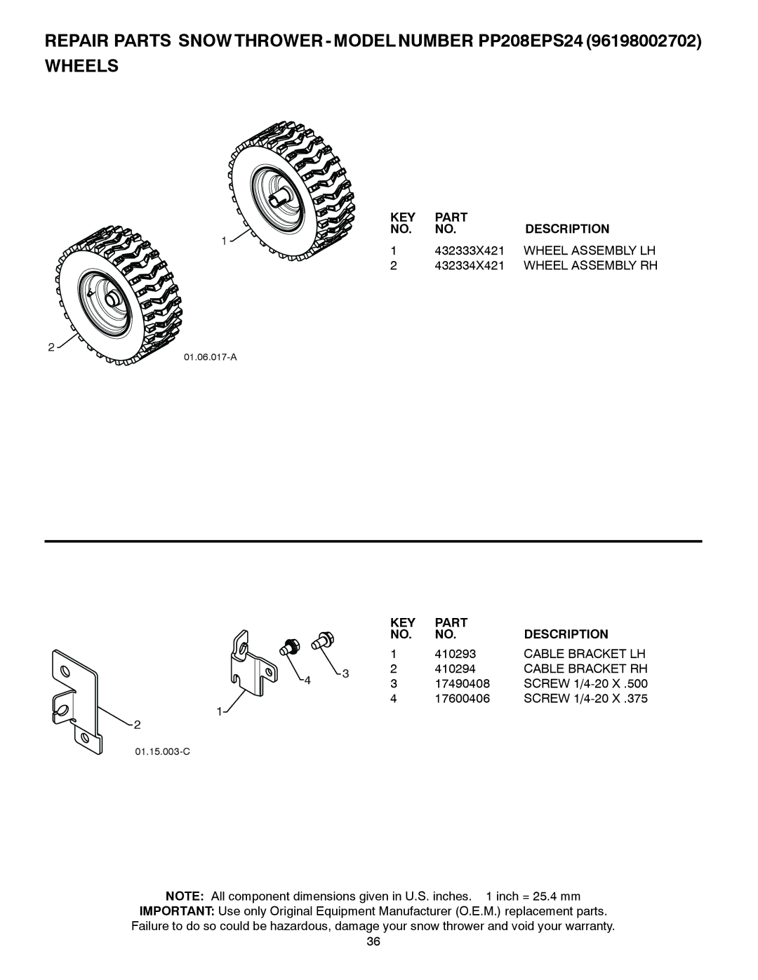 Poulan 435999, 96198002702 owner manual 432333X421, Wheel Assembly LH, 432334X421, Cable Bracket LH, Cable Bracket RH 