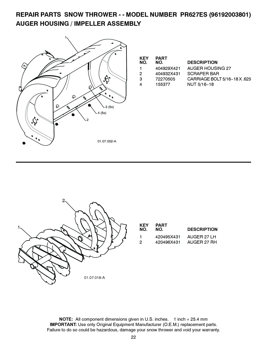 Poulan 436001, 96192003801 owner manual Auger Housing, Scraper BAR, Auger 27 LH, Auger 27 RH 