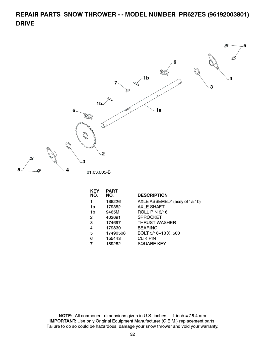 Poulan 436001, 96192003801 owner manual 01.03.005-B, Axle Shaft, Roll PIN 3/16, Sprocket, Clik PIN 