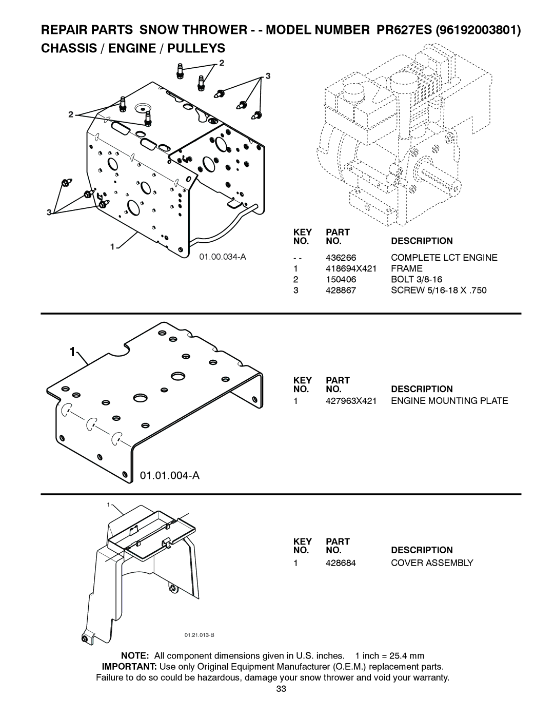 Poulan 96192003801, 436001 owner manual Complete LCT Engine, Frame, 427963X421, Engine Mounting Plate, 428684 