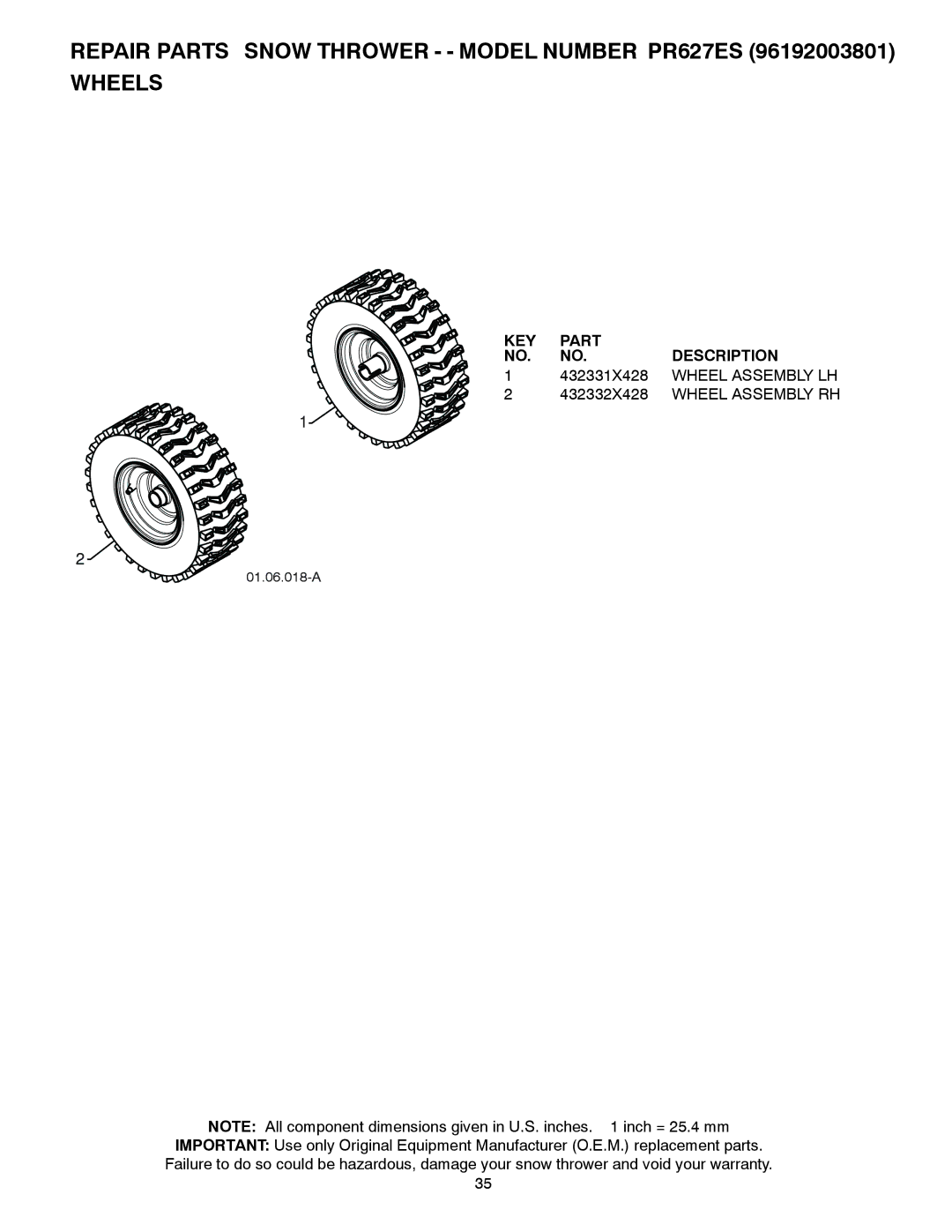 Poulan 96192003801, 436001 owner manual 432331X428, Wheel Assembly LH, 432332X428 