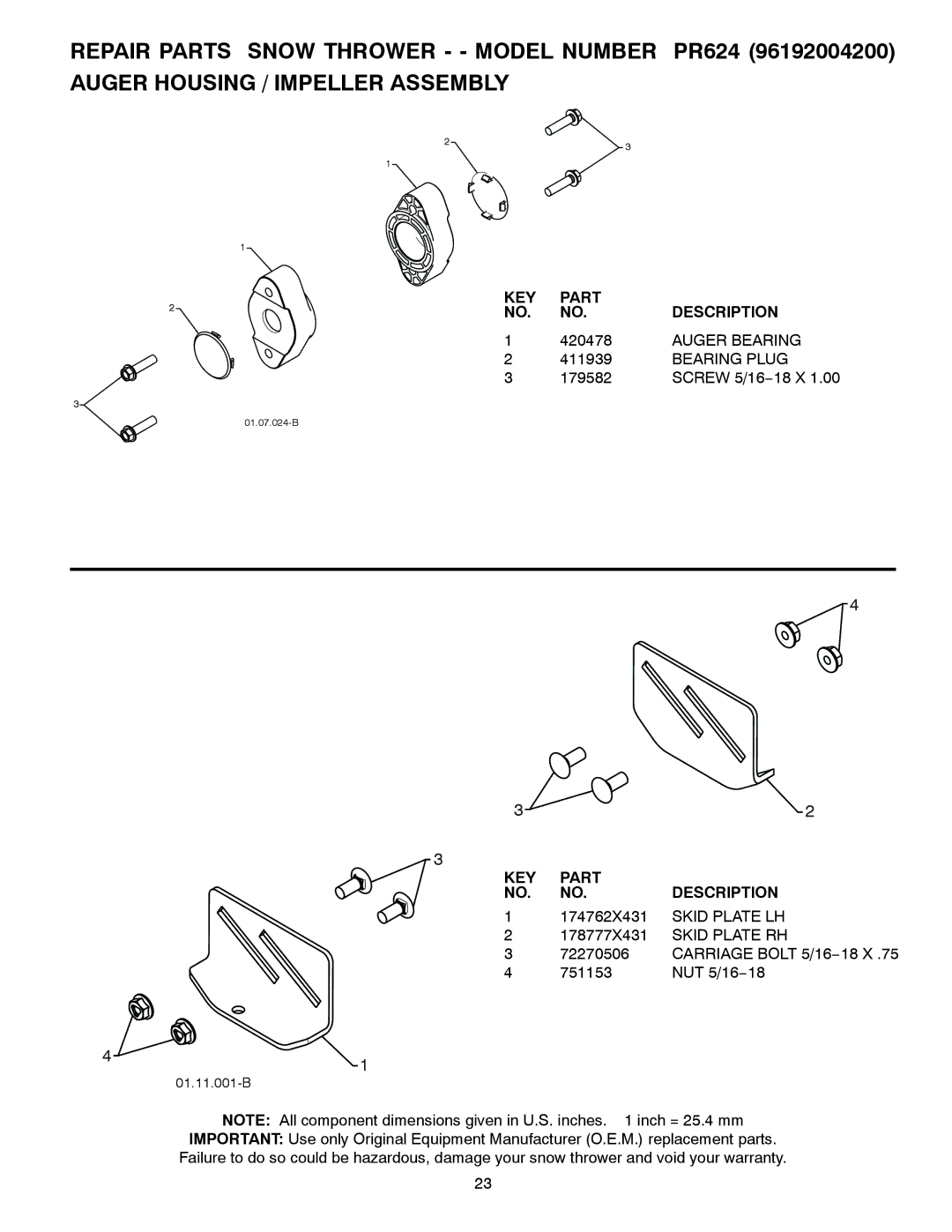 Poulan 96192004200, 436132 owner manual Auger Bearing, Bearing Plug, Skid Plate LH, Skid Plate RH 