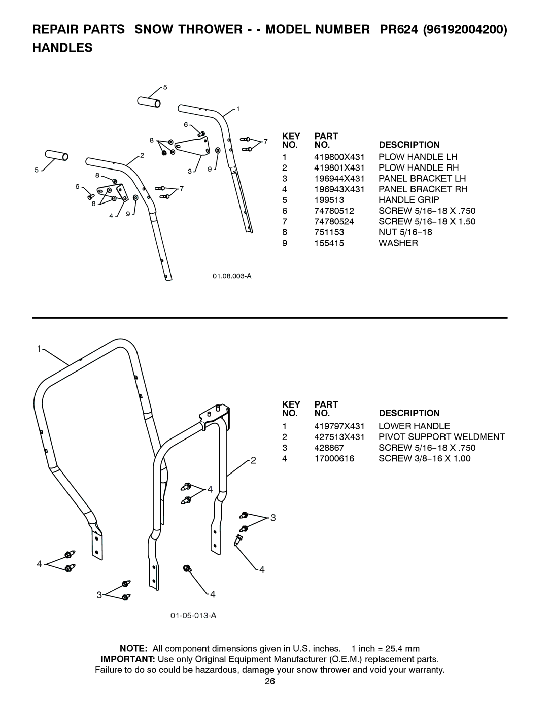 Poulan 436132, 96192004200 owner manual Repair Parts Snow Thrower - Model Number PR624 Handles, 419797X431, Lower Handle 