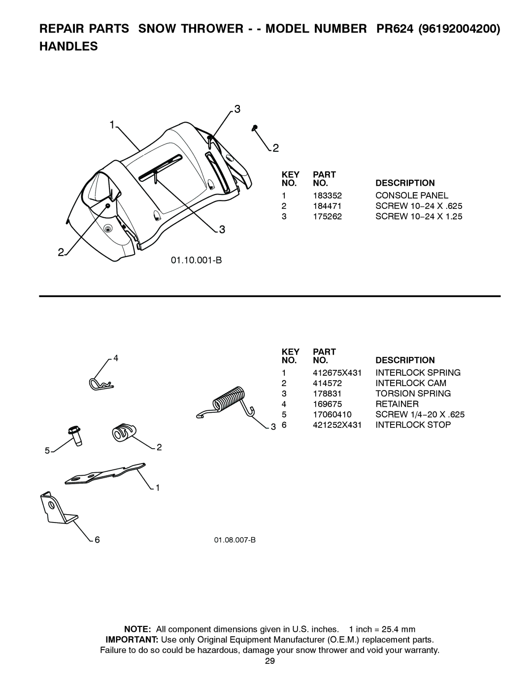 Poulan 96192004200, 436132 owner manual Console Panel, Interlock Spring, Interlock CAM, Torsion Spring, Interlock Stop 