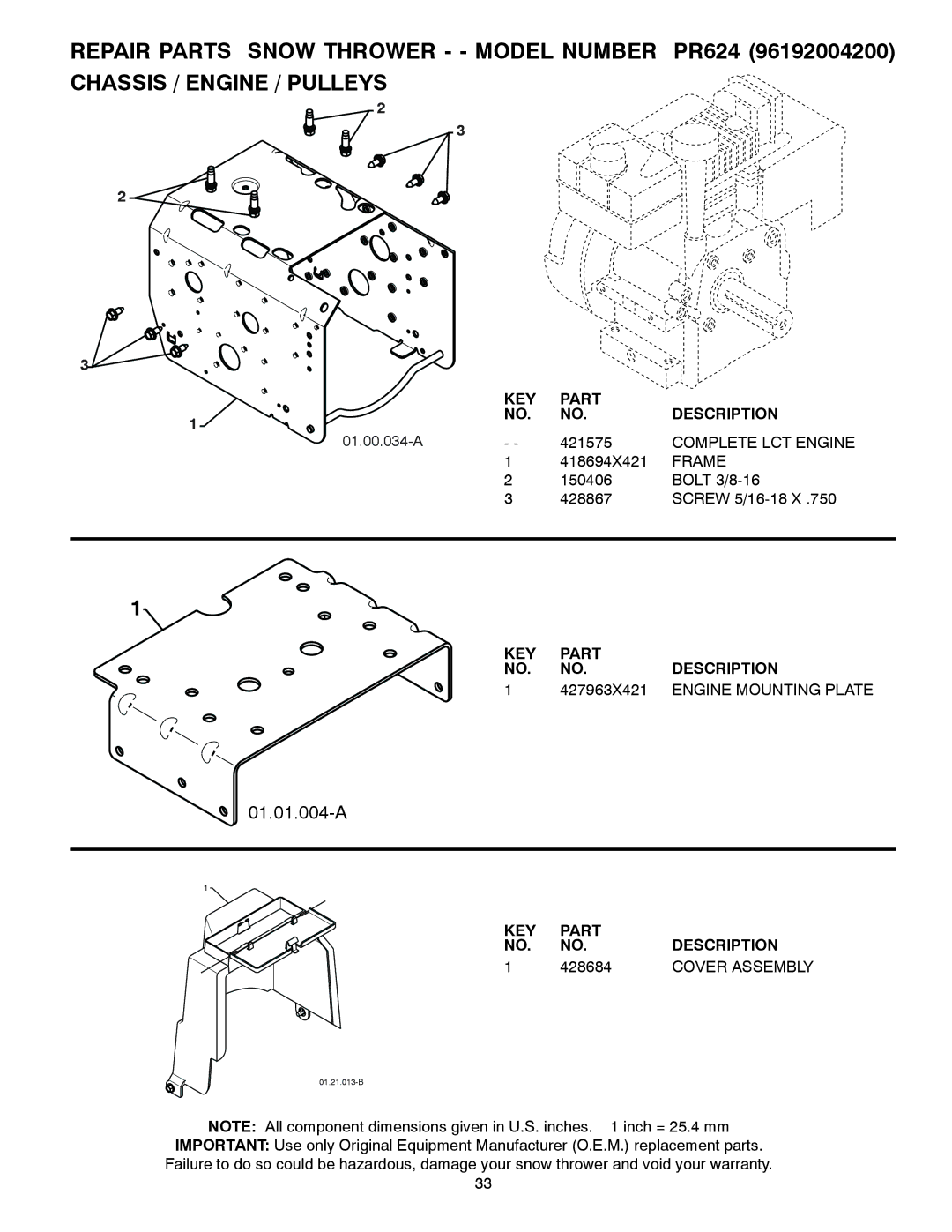 Poulan 96192004200, 436132 owner manual Complete LCT Engine, Frame, 427963X421, Engine Mounting Plate, 428684 