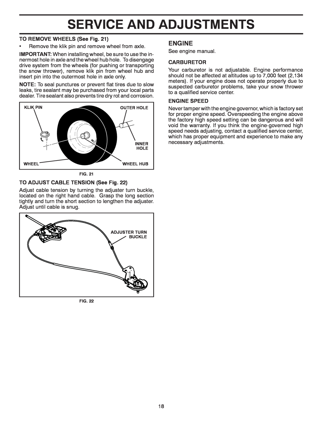 Poulan 436134 Service And Adjustments, Engine, TO REMOVE WHEELS See Fig, TO ADJUST CABLE TENSION See Fig, Carburetor 