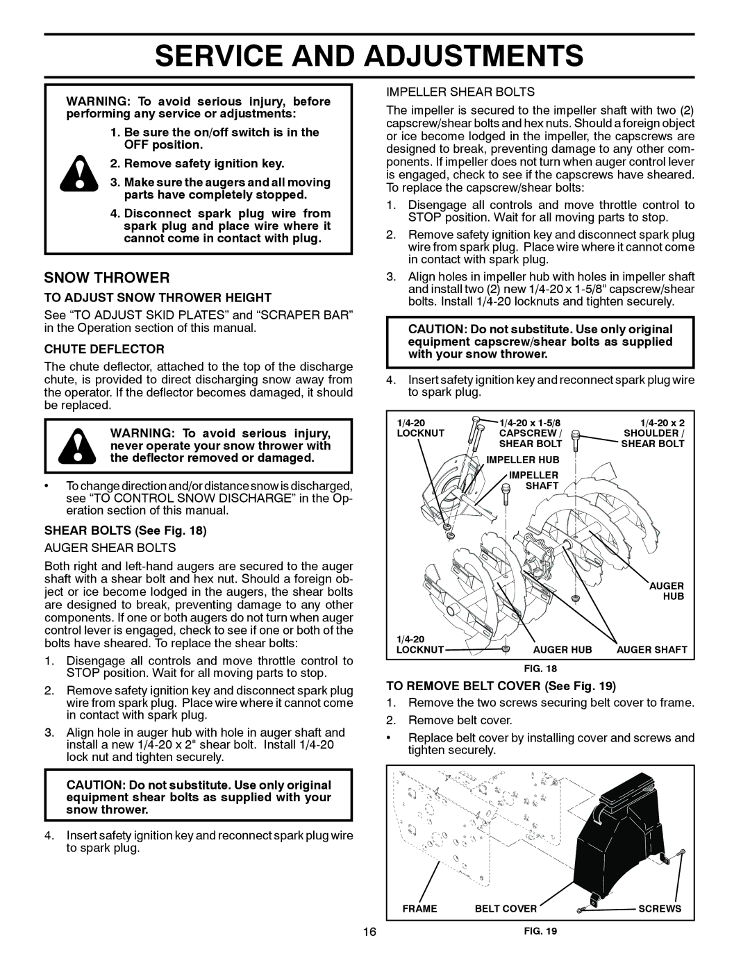 Poulan 436134, 96192004300 Service and Adjustments, To Adjust Snow Thrower Height, Chute Deflector, Shear Bolts See Fig 