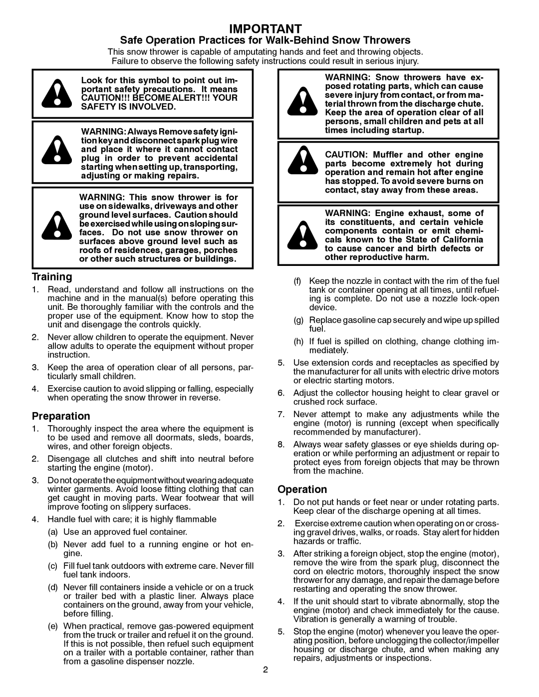 Poulan 436134, 96192004300 owner manual Safe Operation Practices for Walk-Behind Snow Throwers 