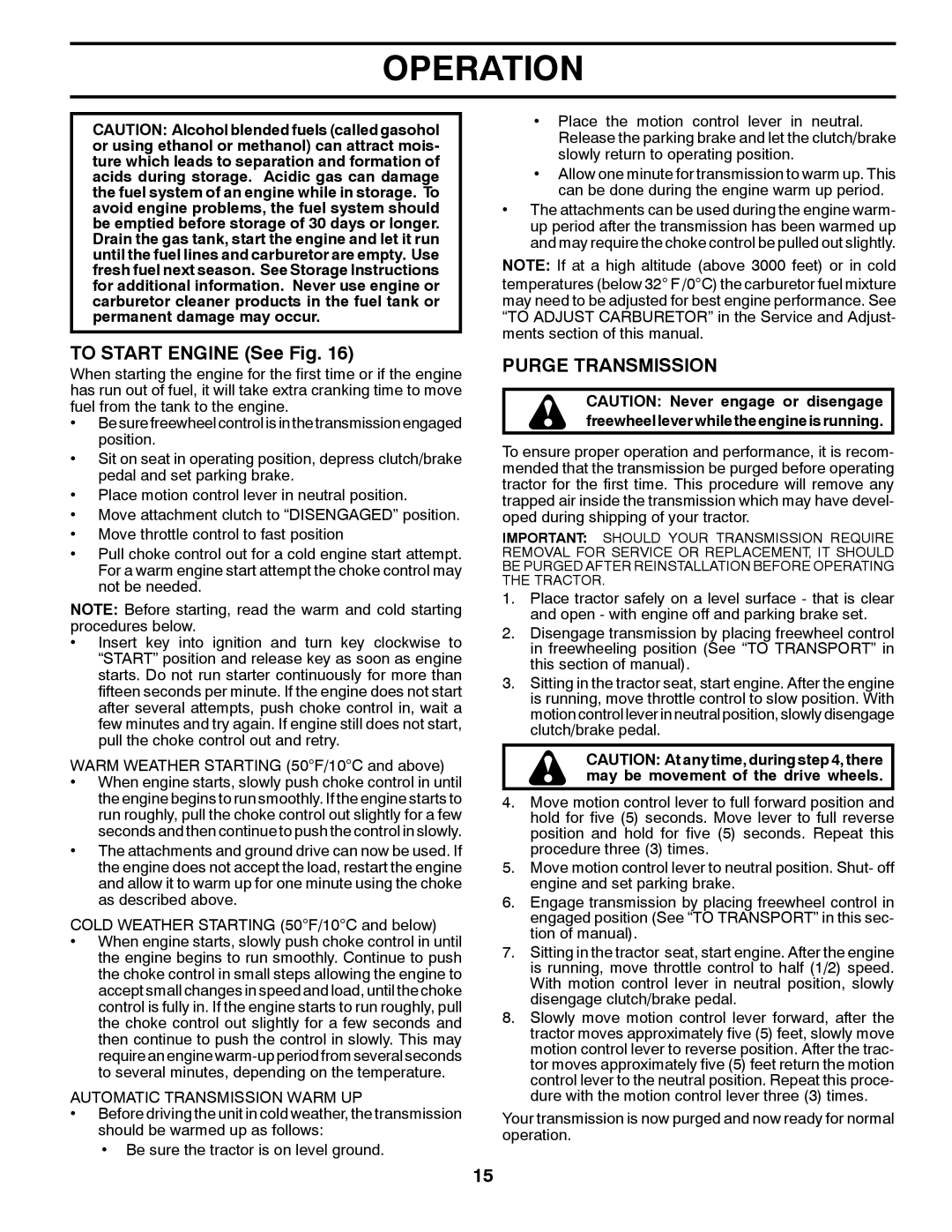 Poulan 96042011101, 436155 manual To Start Engine See Fig, Purge Transmission, Automatic Transmission Warm UP 