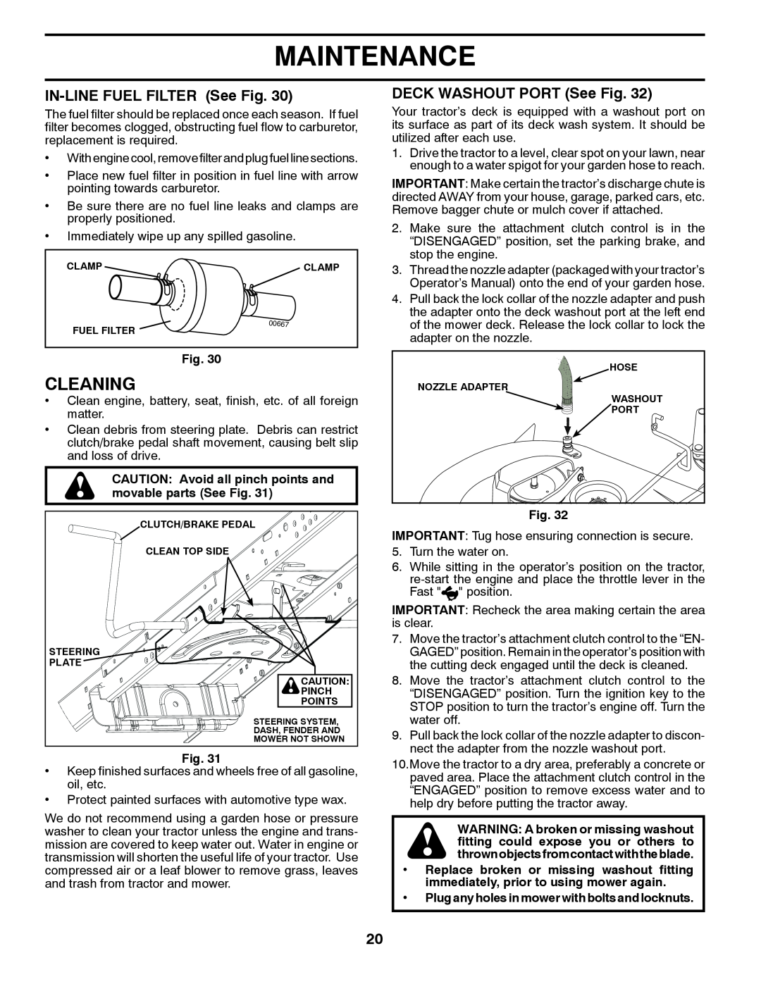 Poulan 436155, 96042011101 manual Cleaning, IN-LINE FUEL FILTER See Fig, DECK WASHOUT PORT See Fig, Maintenance 