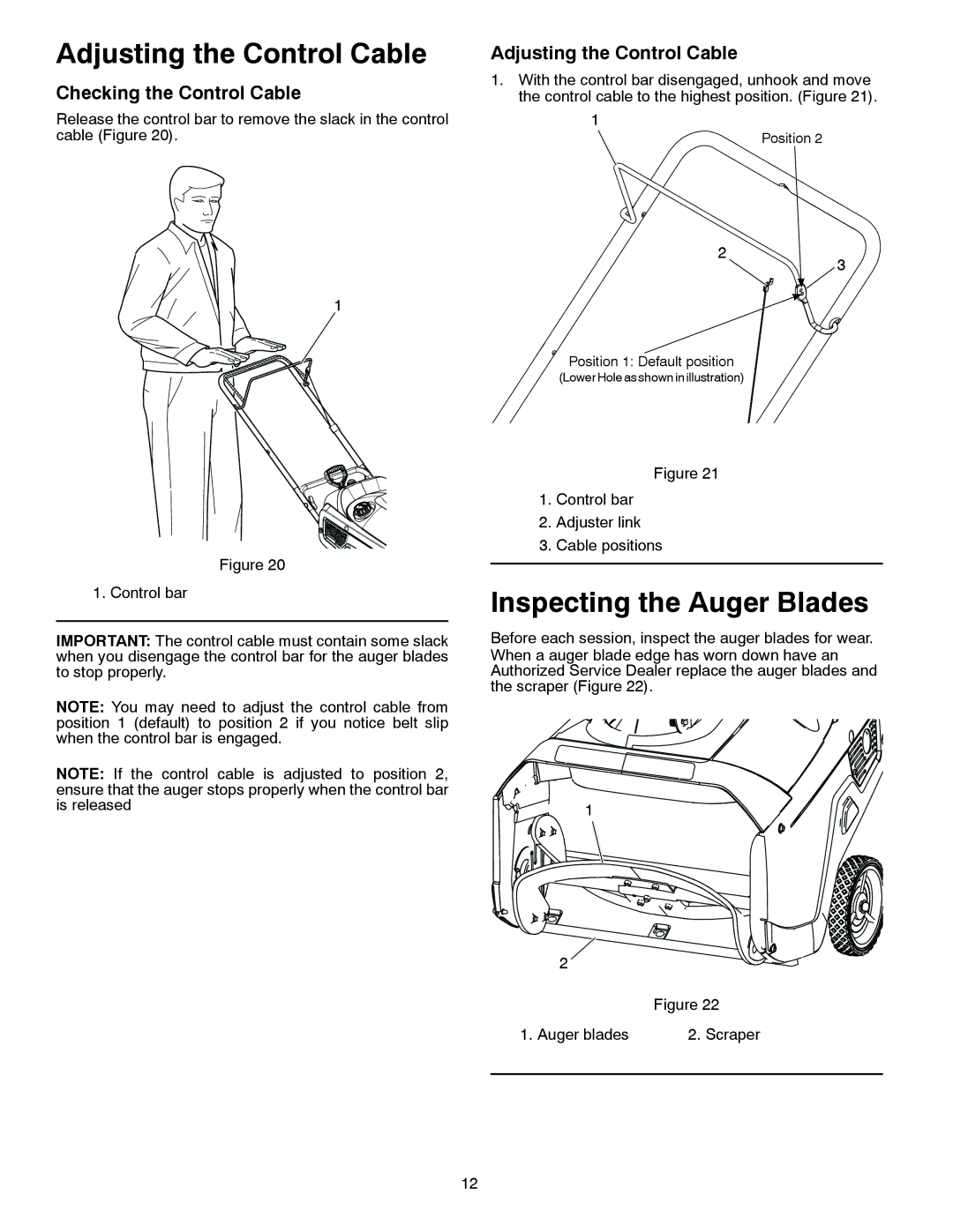 Poulan 436414, 96188000100 owner manual Adjusting the Control Cable, Inspecting the Auger Blades 