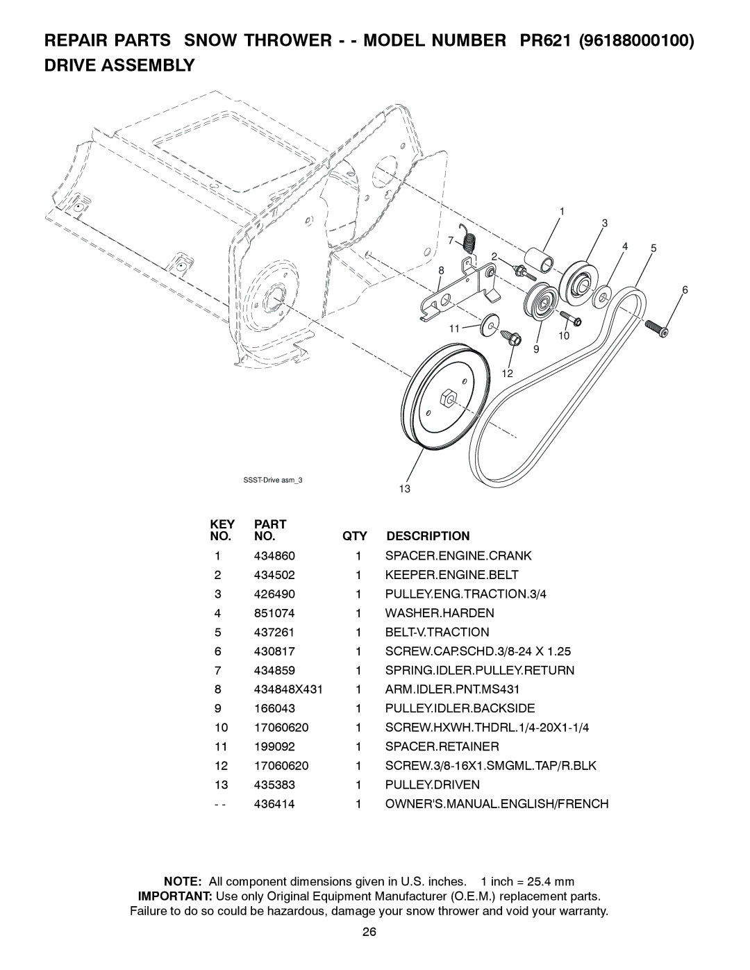 Poulan 436414 owner manual Spacer.Engine.Crank, Keeper.Engine.Belt, PULLEY.ENG.TRACTION.3/4, Washer.Harden, Belt-V.Traction 