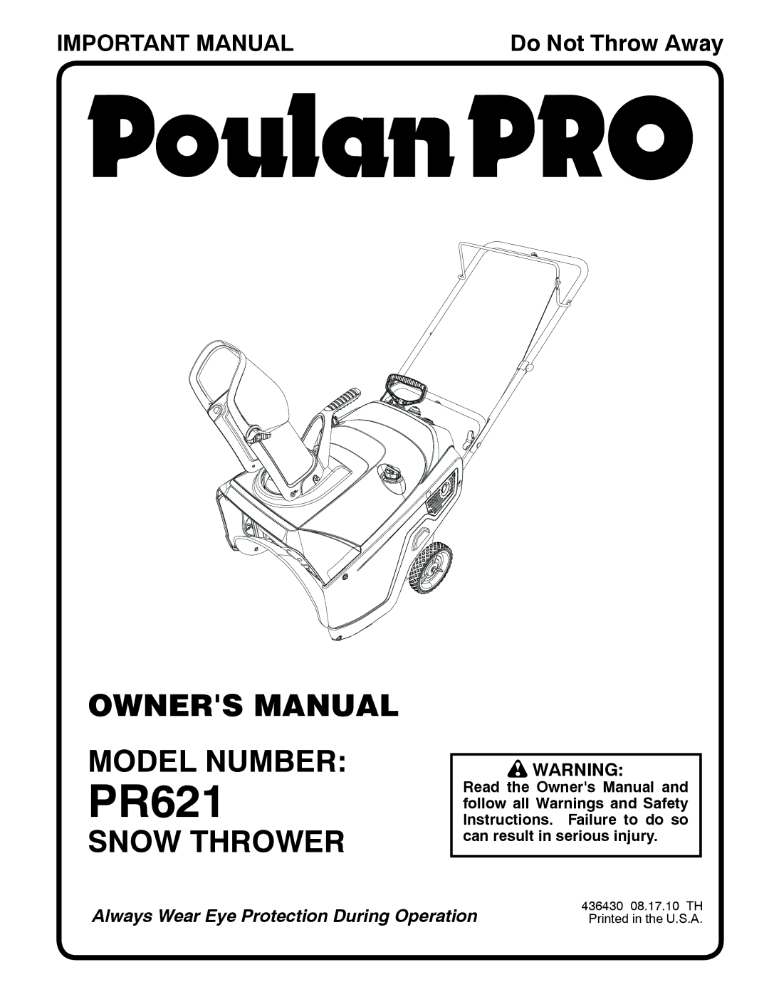 Poulan 96182000300, 436430 owner manual PR621 