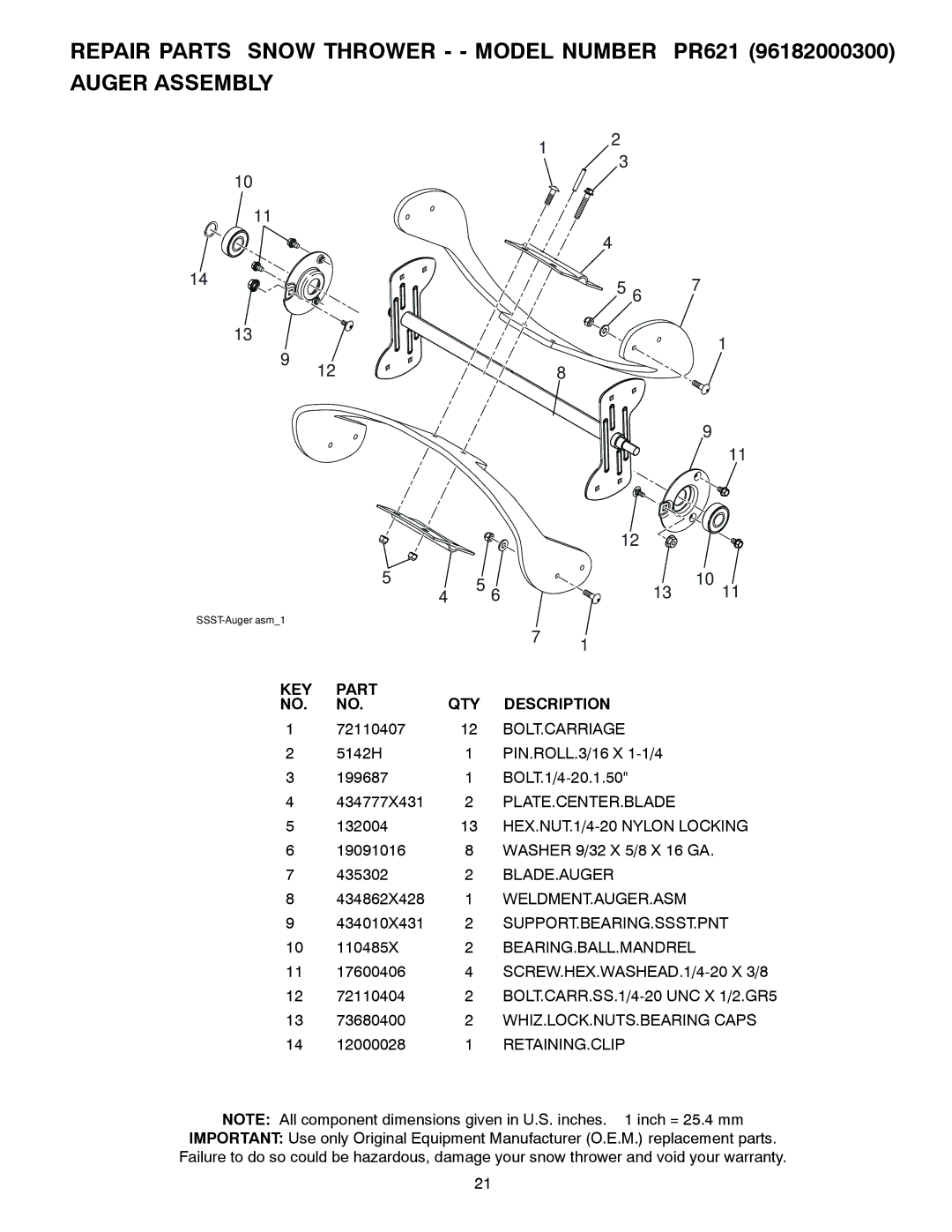 Poulan 436430, PR621 KEY Part NO. no, QTY Description, Bolt.Carriage, PLATE.CENTER.BLADE 13 HEX.NUT.1/4-20 Nylon Locking 