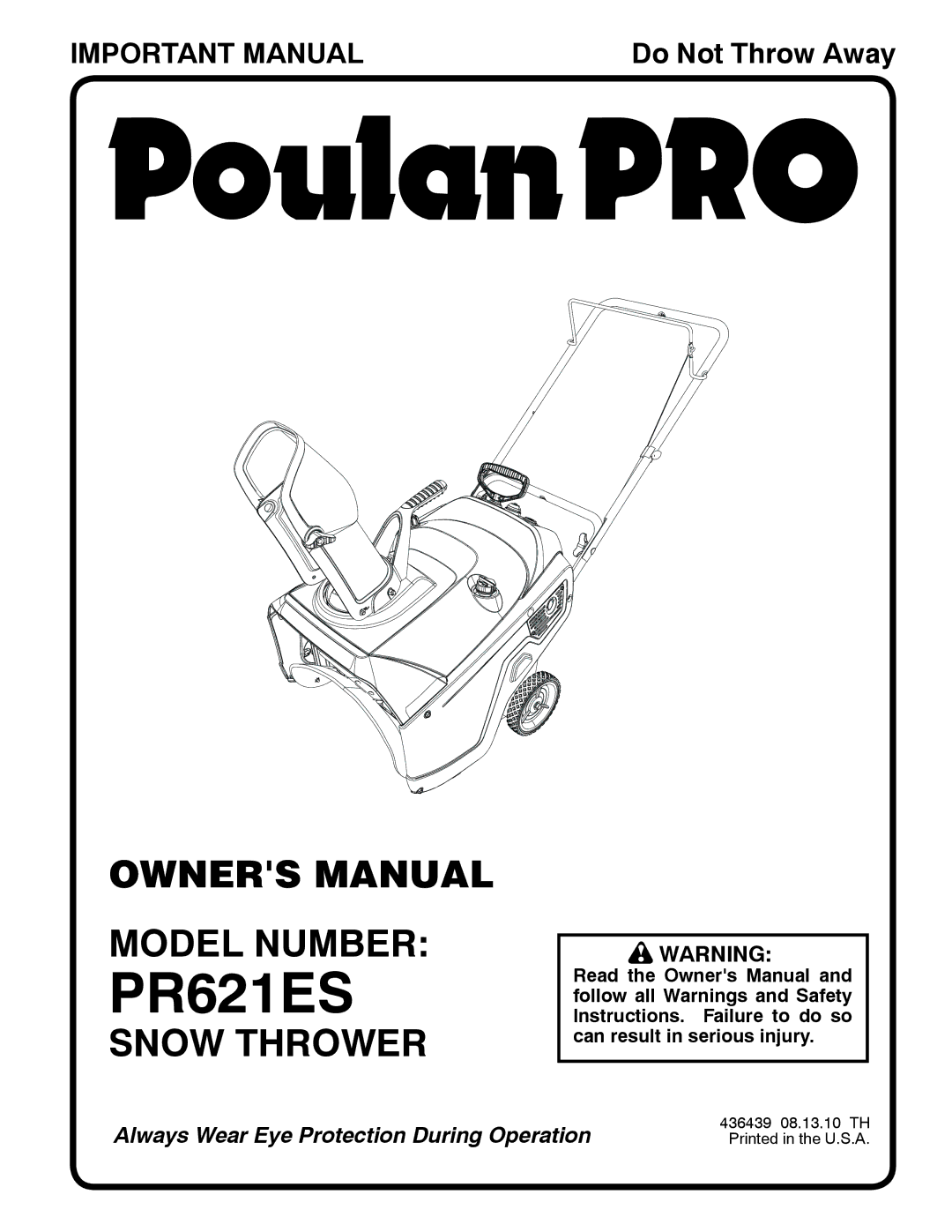 Poulan 96182000400, 436439 owner manual PR621ES 