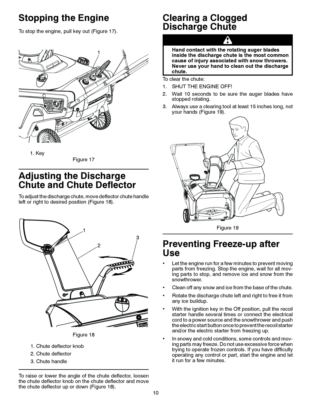 Poulan 96182000400 Stopping the Engine, Adjusting the Discharge Chute and Chute Deflector, Preventing Freeze-up after Use 