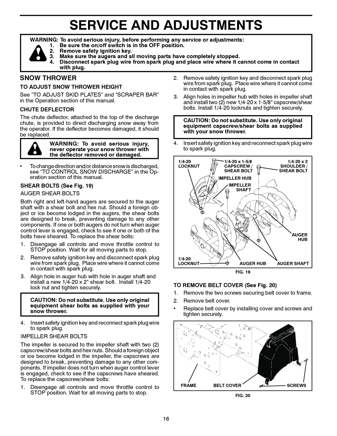 Poulan 436838, 96192003502 Service and Adjustments, To Adjust Snow Thrower Height, Chute Deflector, Shear Bolts See Fig 