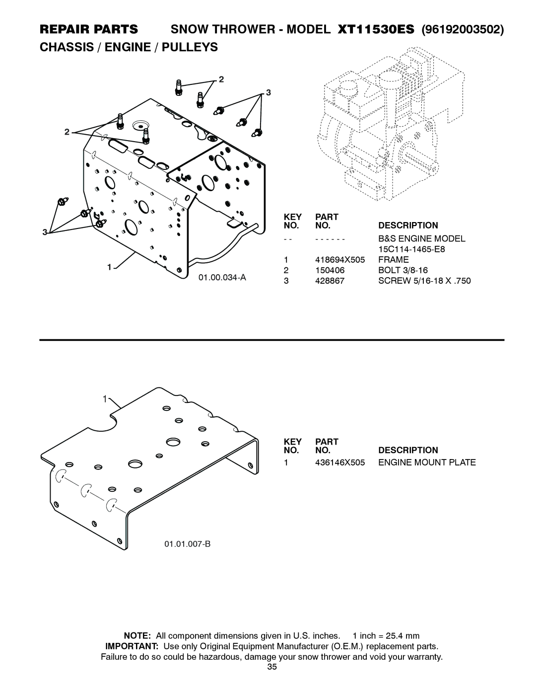 Poulan 96192003502, 436838 owner manual Engine Model, Frame, 436146X505, Engine Mount Plate 