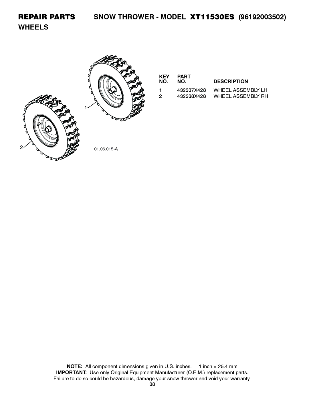 Poulan 436838, 96192003502 owner manual 432337X428, Wheel Assembly LH, 432338X428 