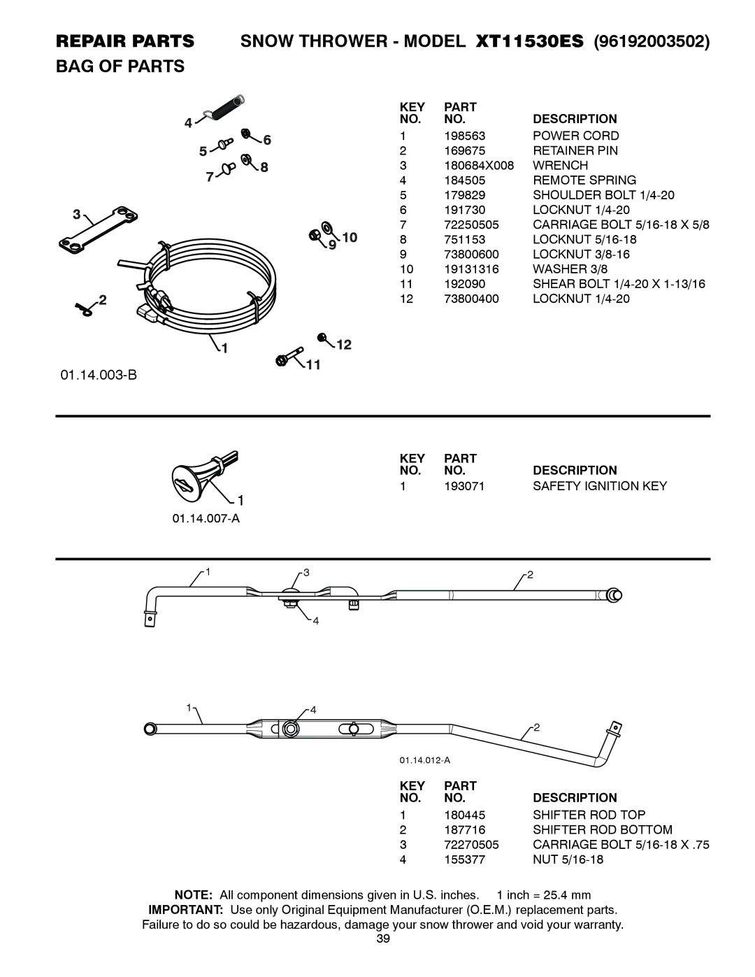 Poulan 96192003502, 436838 owner manual Repair Parts Snow Thrower Model XT11530ES BAG of Parts, 193071, Safety Ignition KEY 