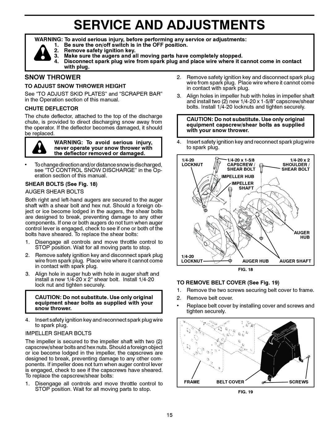 Poulan 436840, 96192004500 Service and Adjustments, To Adjust Snow Thrower Height, Chute Deflector, Shear Bolts See Fig 