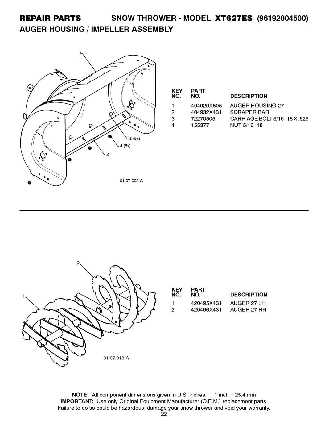 Poulan 96192004500, 436840, XT627ES owner manual Auger Housing, Scraper BAR, Auger 27 LH, Auger 27 RH 