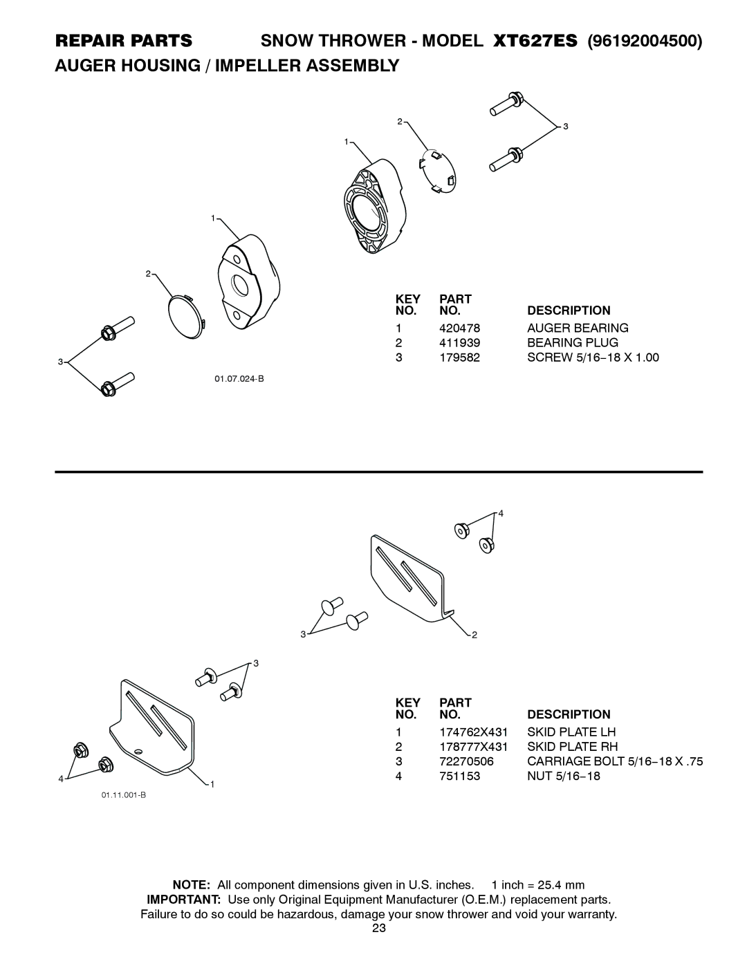 Poulan XT627ES, 436840, 96192004500 owner manual Auger Bearing, Bearing Plug, Skid Plate LH, Skid Plate RH 