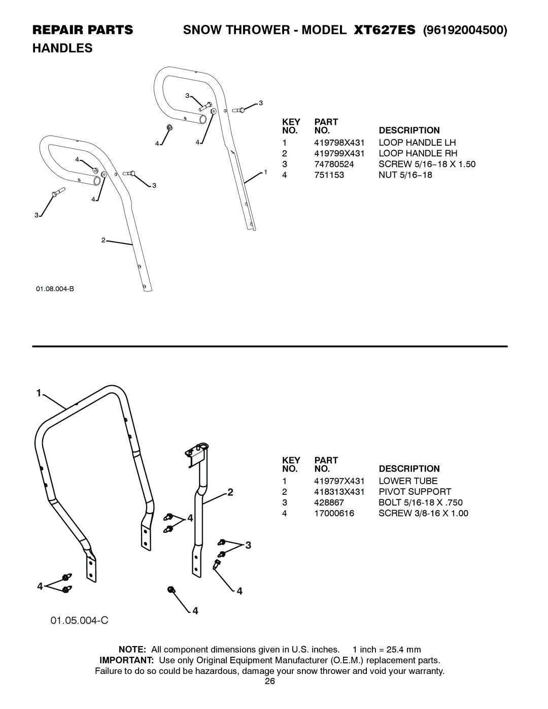 Poulan Repair Partssnow Thrower Model XT627ES Handles, Loop Handle LH, Loop Handle RH, Lower Tube, Pivot Support 