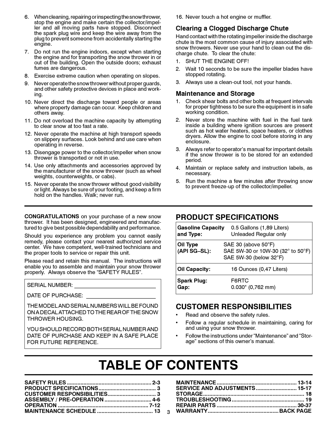 Poulan 436840, 96192004500, XT627ES owner manual Table of Contents 