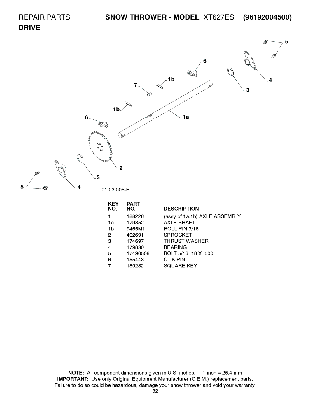 Poulan XT627ES, 436840, 96192004500 owner manual Repair Parts, 01.03.005-B 