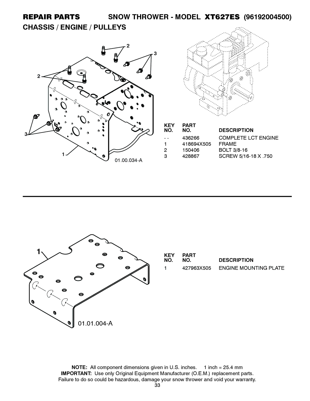 Poulan 436840, 96192004500, XT627ES owner manual Complete LCT Engine, Frame, 427963X505, Engine Mounting Plate 