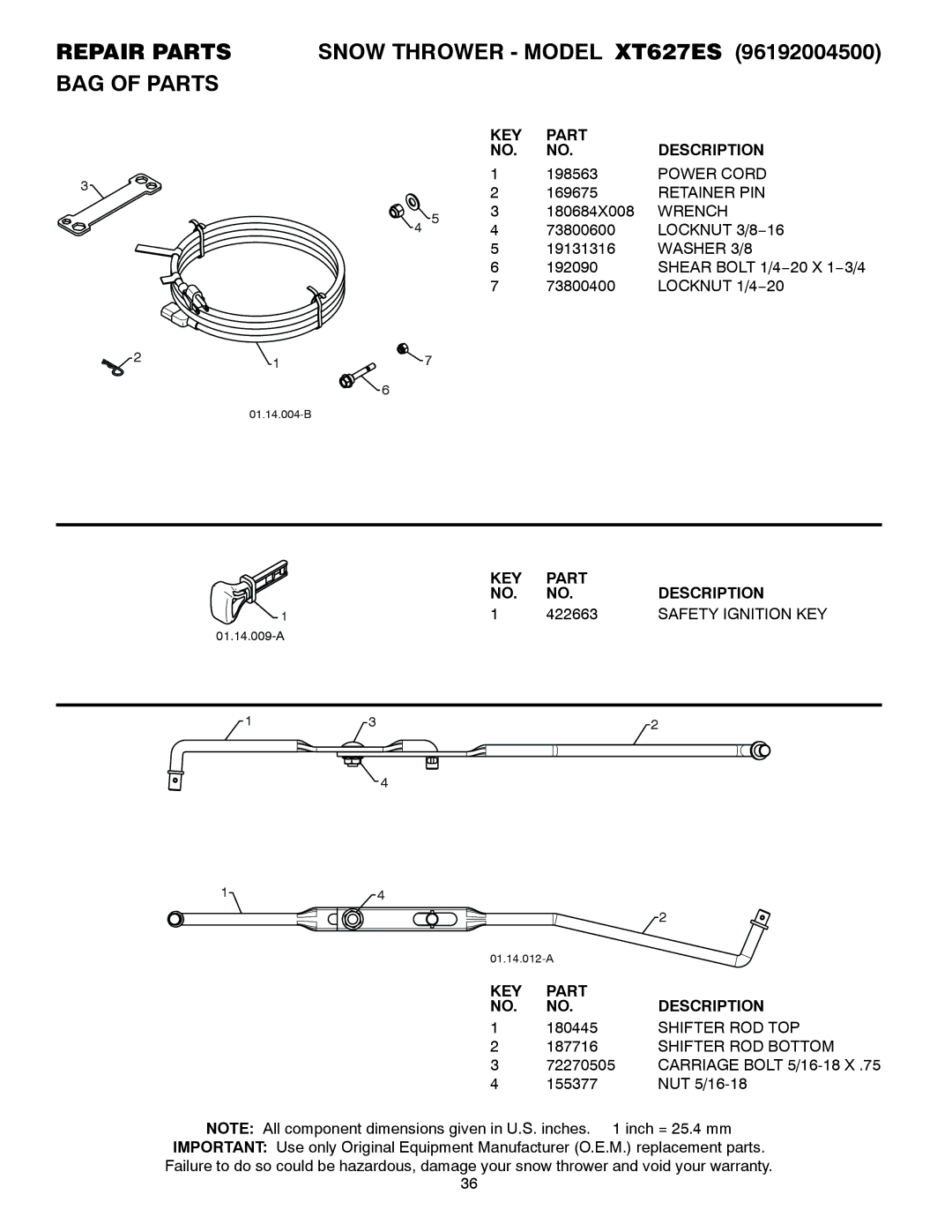 Poulan 436840, 96192004500 owner manual Repair Partssnow Thrower Model XT627ES BAG of Parts, 422663, Safety Ignition KEY 