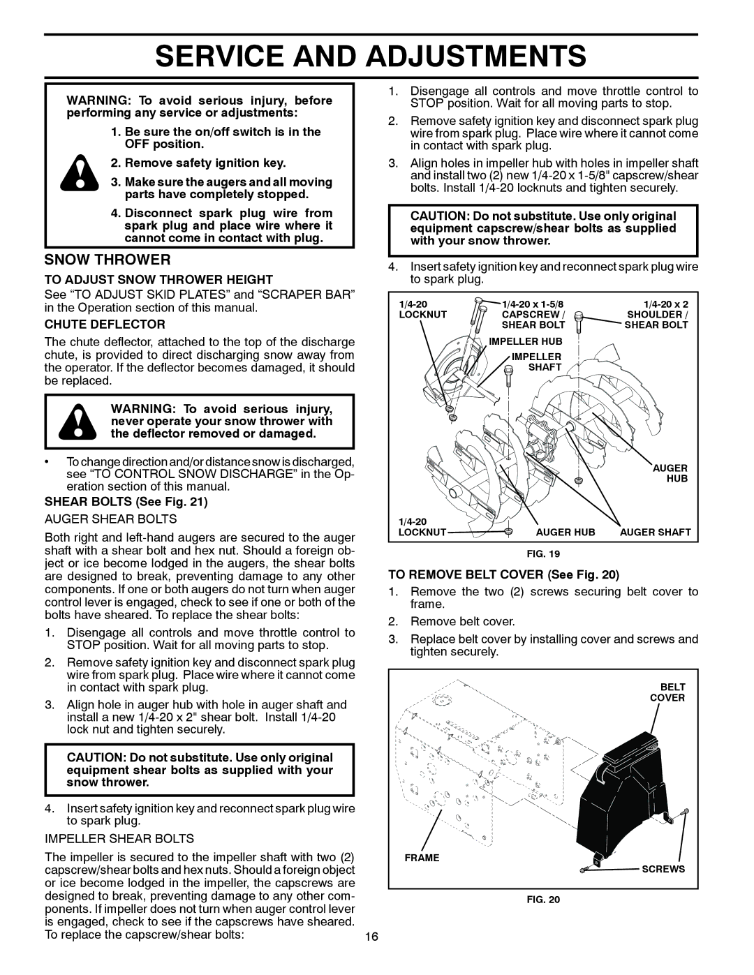 Poulan 436842, 96198003302 Service and Adjustments, To Adjust Snow Thrower Height, Chute Deflector, Shear Bolts See Fig 