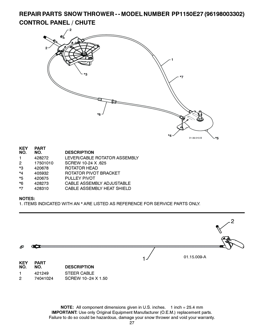 Poulan 96198003302, 436842 LEVER/CABLE Rotator Assembly, Rotator Head, Rotator Pivot Bracket, Pulley Pivot, Steer Cable 