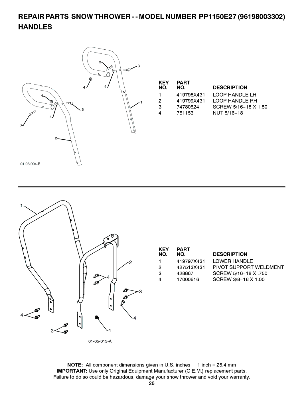 Poulan 436842, 96198003302 owner manual Loop Handle LH, Loop Handle RH, Lower Handle, Pivot Support Weldment 