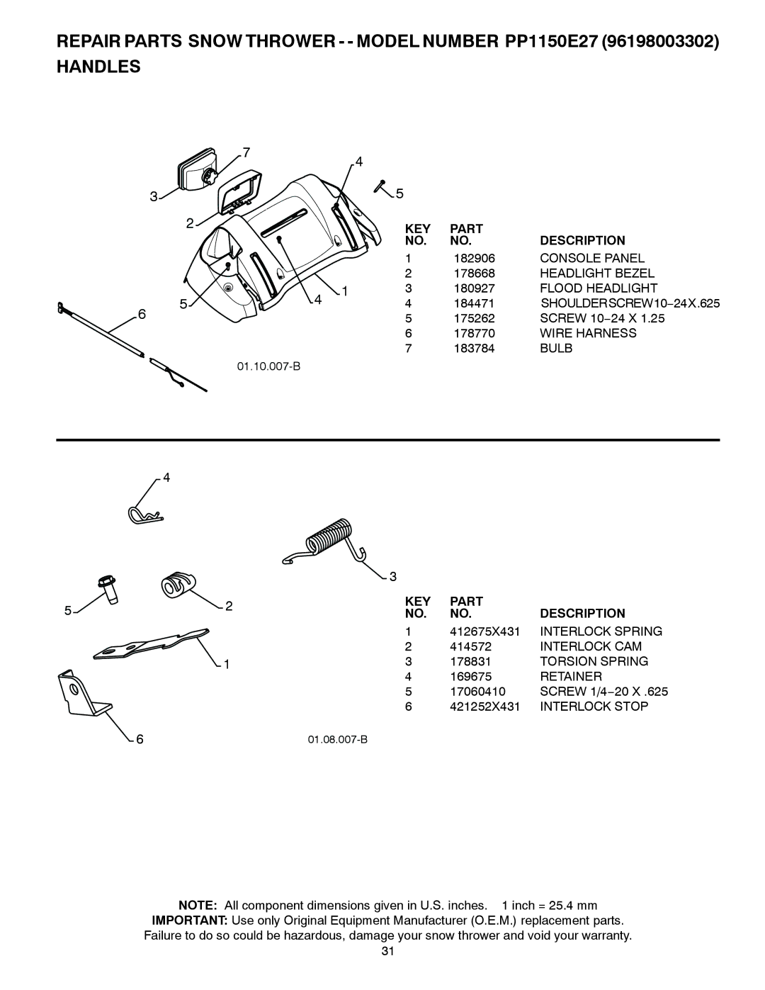 Poulan 96198003302, 436842 Console Panel, Headlight Bezel, Flood Headlight, SHOULDERSCREW10−24X.625, Wire Harness, Bulb 