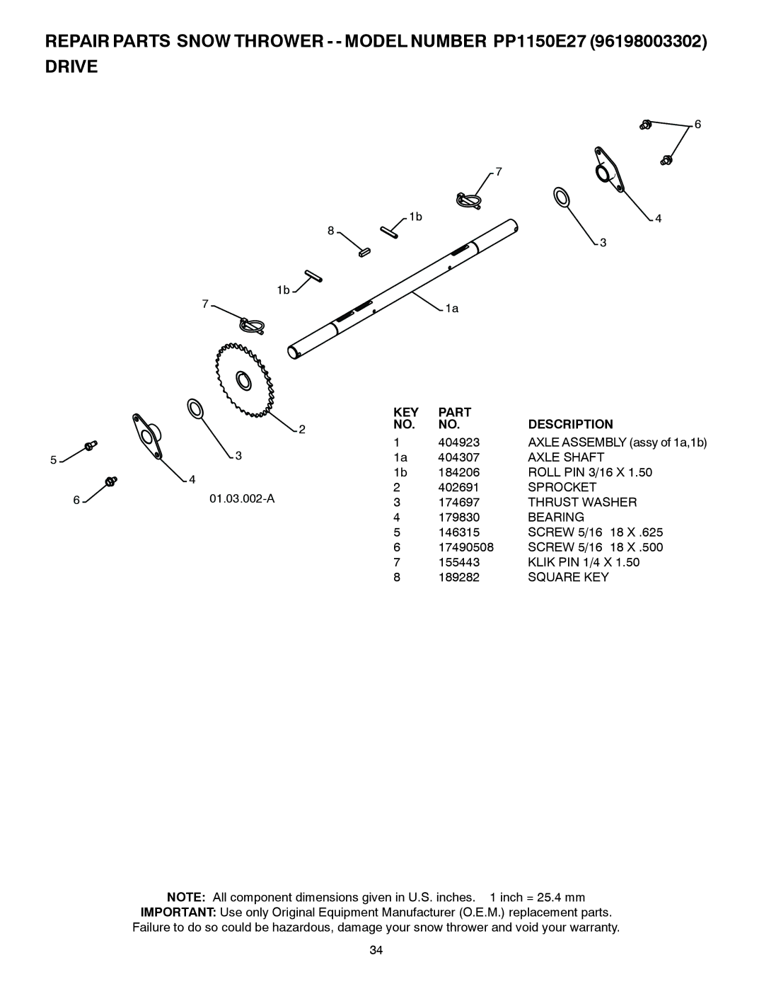 Poulan 436842, 96198003302 owner manual Axle Shaft, Sprocket 