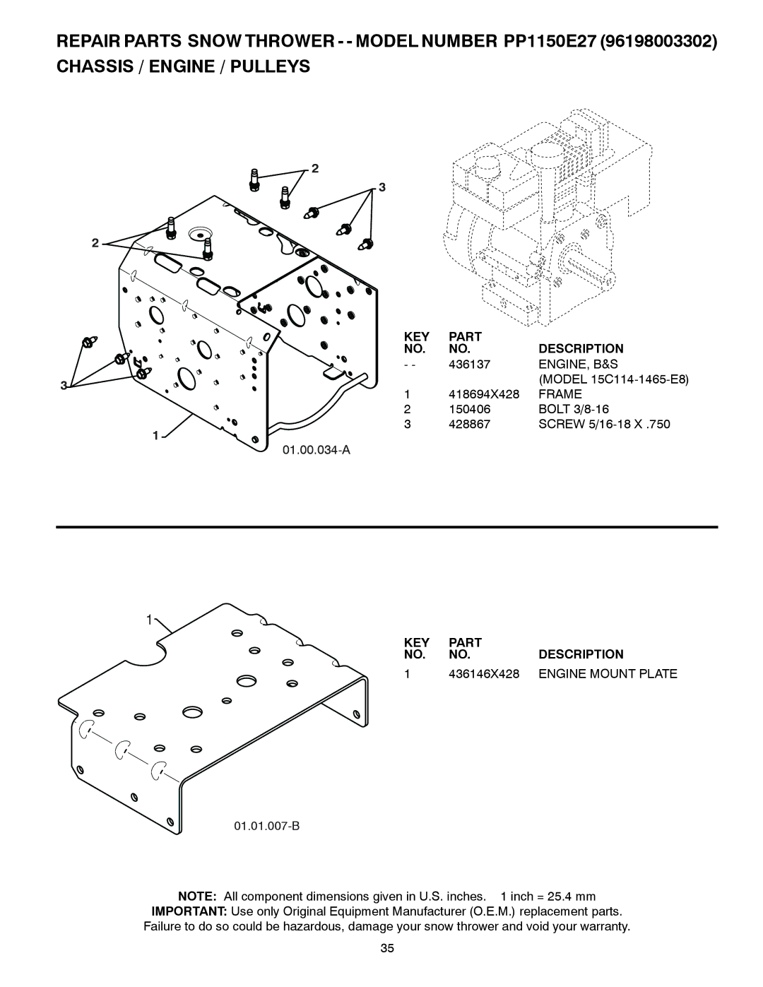 Poulan 96198003302, 436842 owner manual Engine, B&S, Frame, 436146X428, Engine Mount Plate 