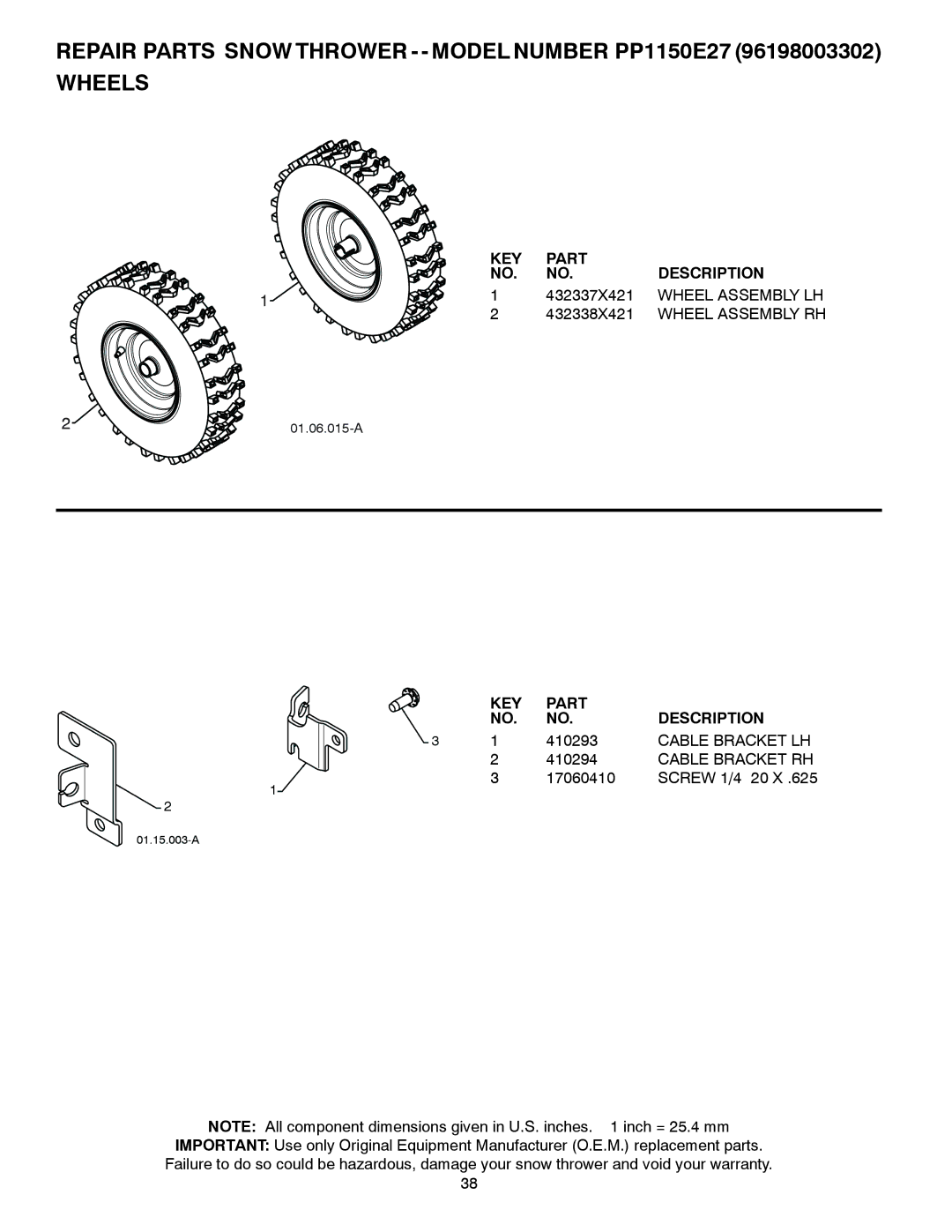 Poulan 436842, 96198003302 owner manual Wheel Assembly LH, Cable Bracket LH, Cable Bracket RH 