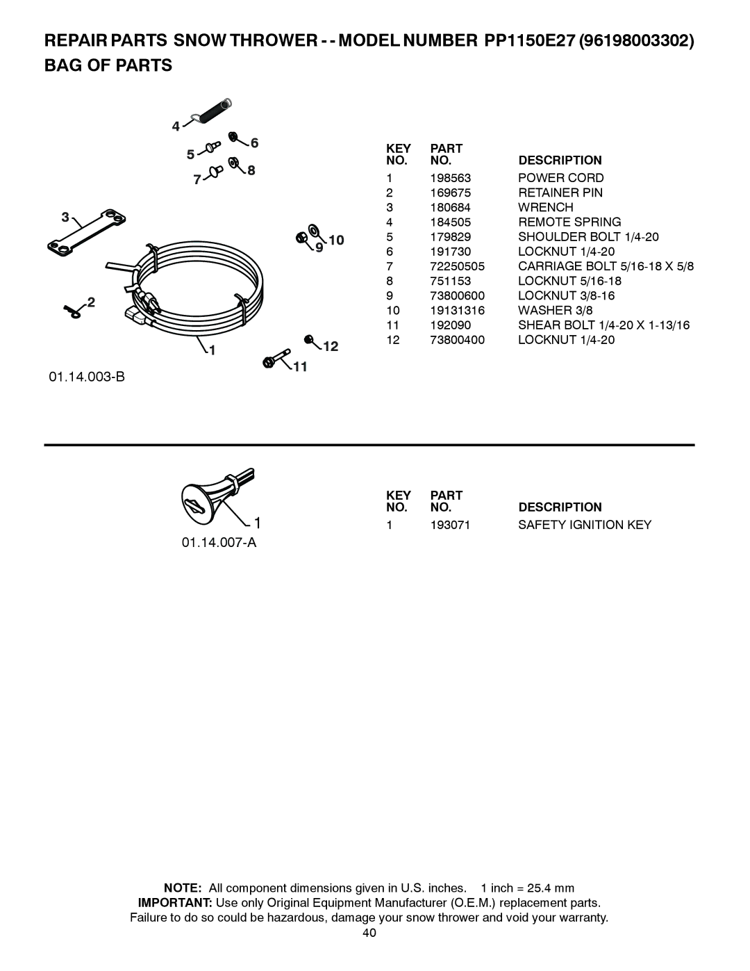 Poulan 436842, 96198003302 owner manual 193071, Safety Ignition KEY 