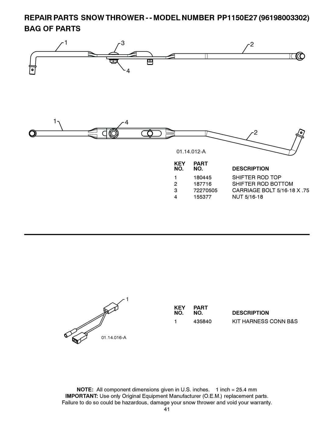 Poulan 96198003302, 436842 owner manual 01.14.012-A, Shifter ROD TOP Shifter ROD Bottom, 435840, KIT Harness Conn B&S 