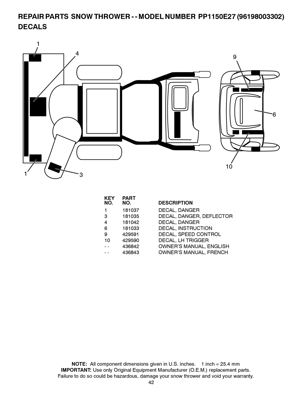 Poulan 436842, 96198003302 owner manual 181037, DECAL, Danger, DECAL, DANGER, Deflector, DECAL, Instruction 