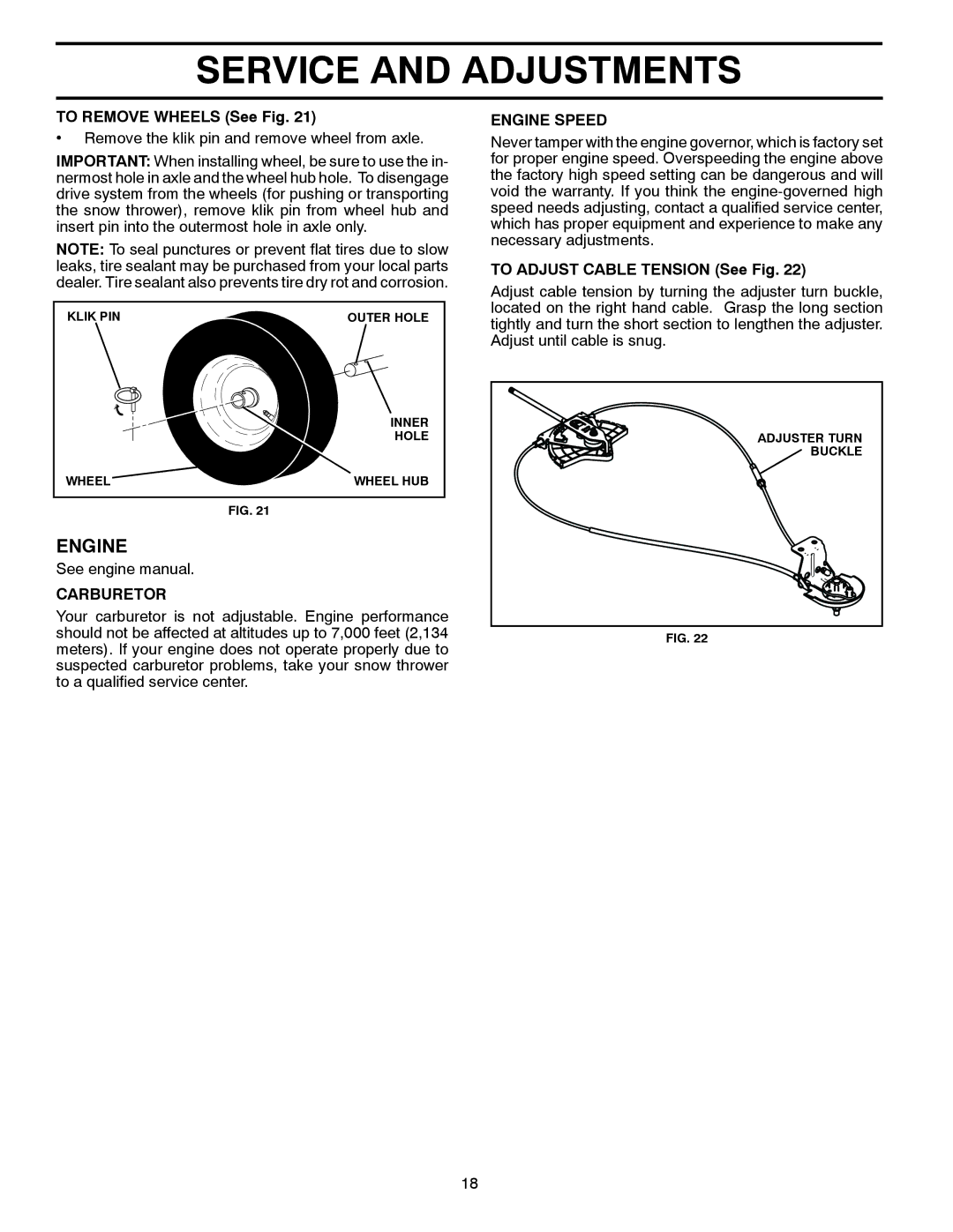 Poulan 437139, 96192004302 owner manual To Remove Wheels See Fig, Carburetor, Engine Speed, To Adjust Cable Tension See Fig 