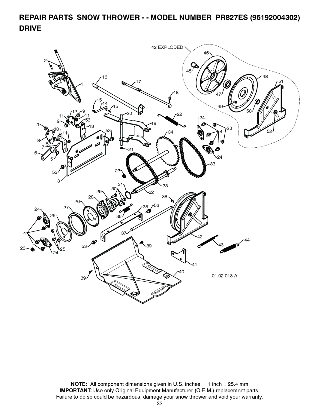 Poulan 437139, 96192004302 owner manual Repair Parts Snow Thrower - Model Number PR827ES Drive 