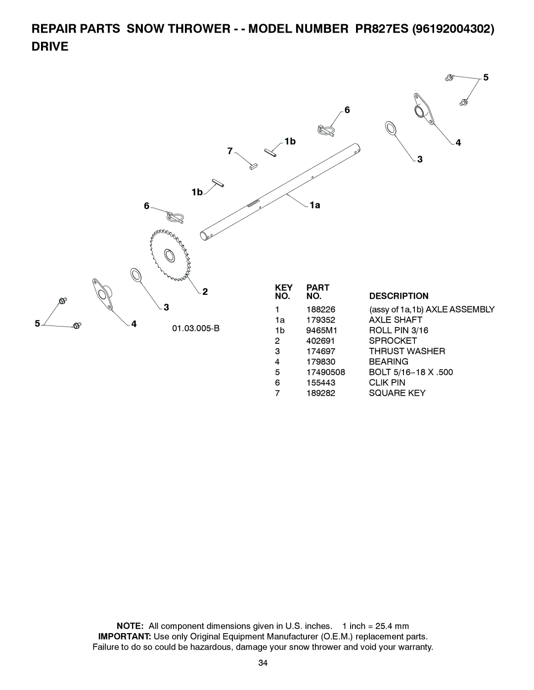 Poulan 437139, 96192004302 owner manual Axle Shaft, Roll PIN 3/16, Sprocket, Clik PIN 