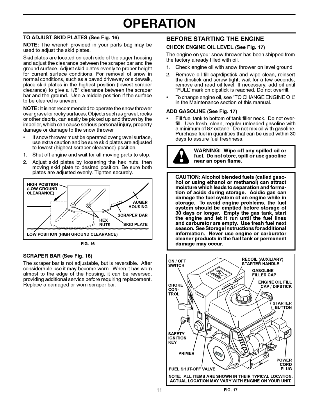 Poulan XT624ES, 437316 Before Starting the Engine, To Adjust Skid Plates See Fig, Check Engine OIL Level See Fig 