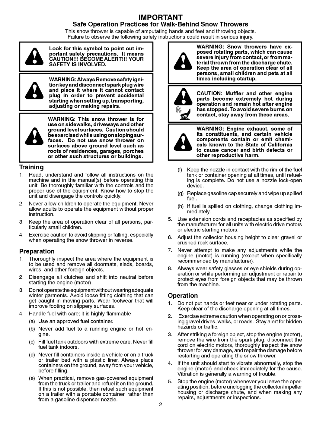 Poulan XT624ES, 437316, 96192004400 owner manual Safe Operation Practices for Walk-Behind Snow Throwers 